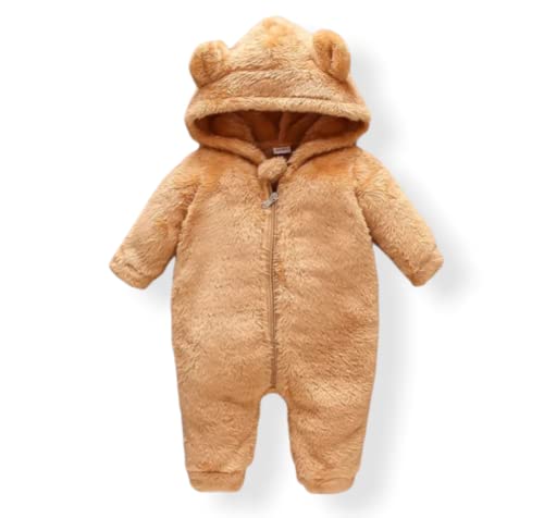 First Kick Unisex Baby Flannel Jumpsuit Classical Style Panda Snowsuit Hooded Romper dangri Outwear (Camel, 9-12 Months) - Image 1