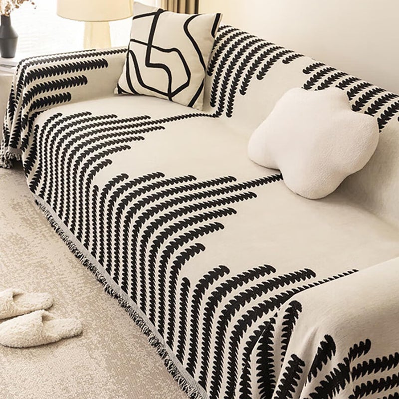 Boho Chenille Sofa Cover Couch Covers, Pet-Friendly Furniture Protector with Tassels, Soft Thick Couch Protector, Washable Non-Slip Sectional Sofa Slipcover (Black-White, 180 * 380cm) - Image 2