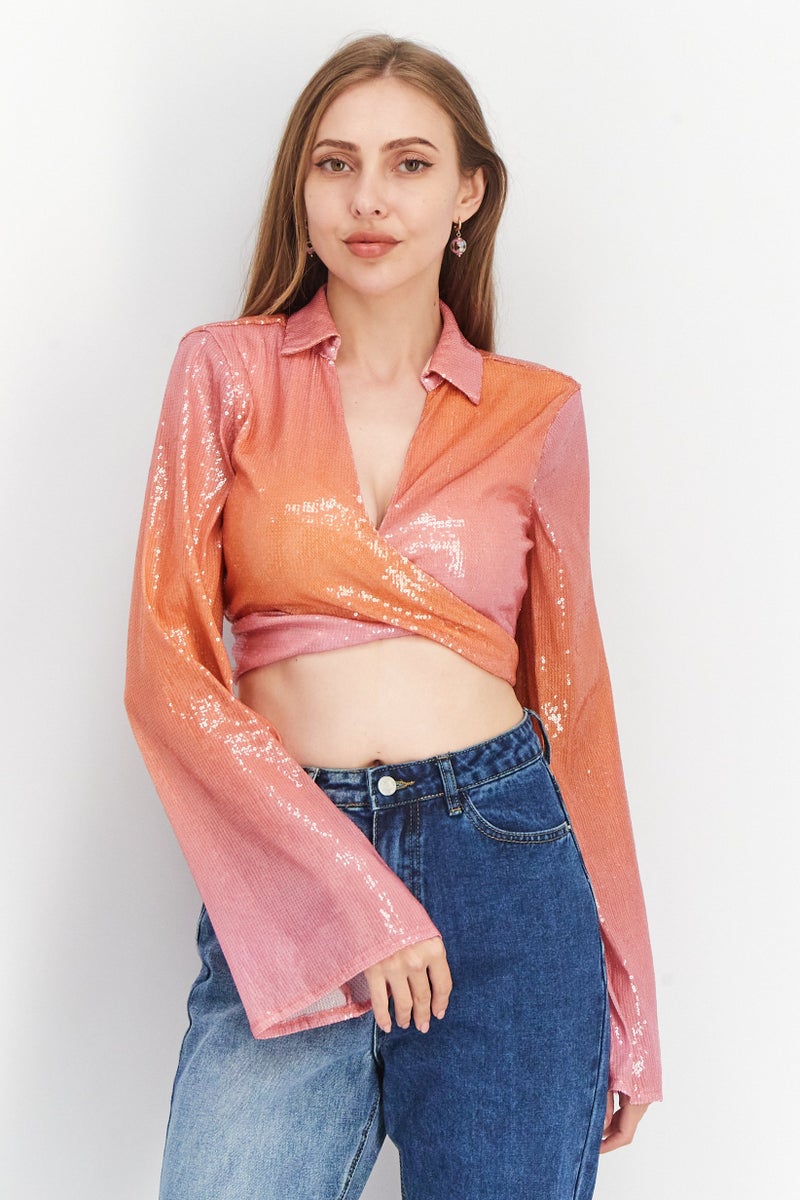 NA-KD Women Spread Collar Long Sleeve Textured Blouse Top, Pink Combo - Image 1