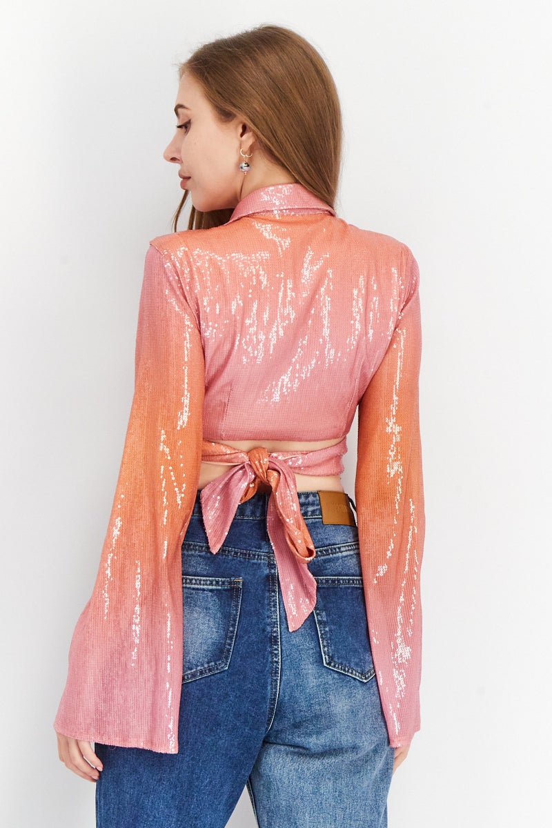 NA-KD Women Spread Collar Long Sleeve Textured Blouse Top, Pink Combo - Image 3