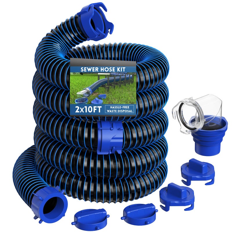 DUMPMAN 20 FT RV Sewer Hose Kit, Sewer Hose for RV Camper - Includes 2 Attachable 10 ft Sewer Hose with Swivel Fitting, 90 Degree Clear View Sewer Adapter, and 4 Storage Caps - Image 1