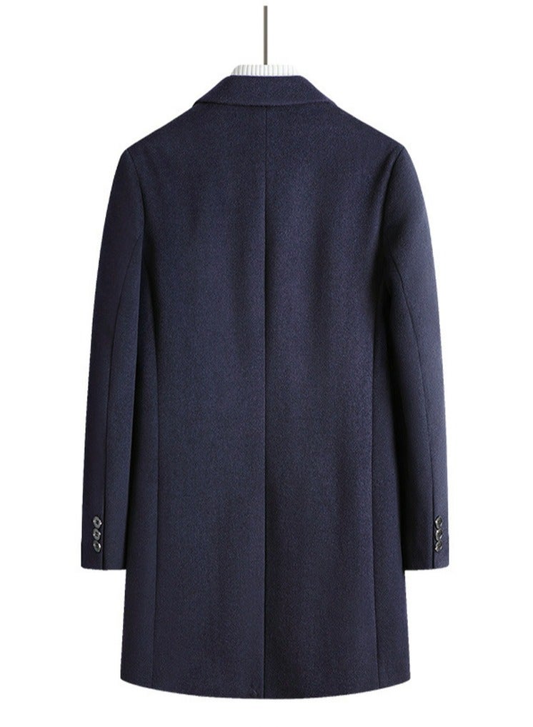 Men's Woolen Casual Coat Suit Collar Long Jacket Overcoat Navy Blue