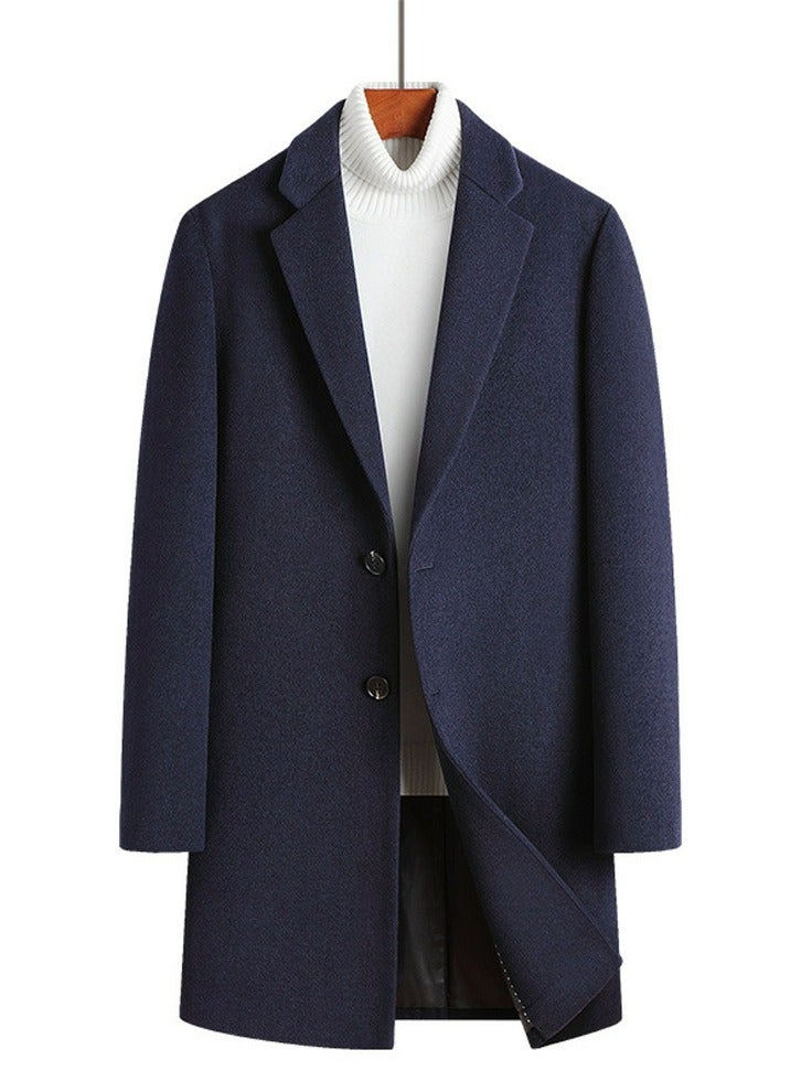Men's Woolen Casual Coat Suit Collar Long Jacket Overcoat Navy Blue