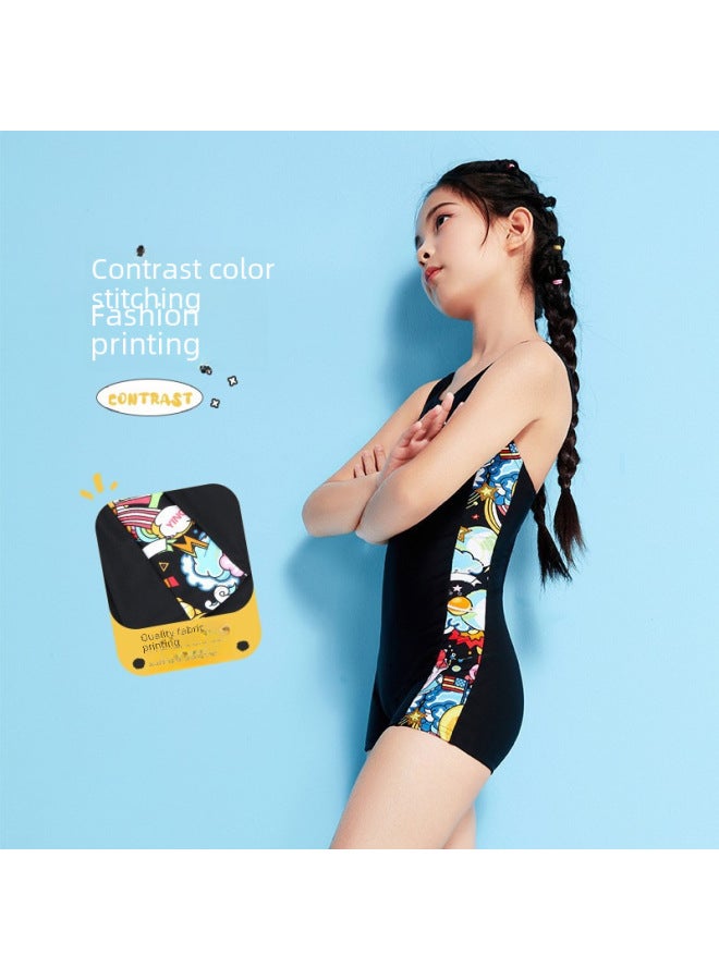 Loquat Yingfa Children's Swimsuit Summer Girls Middle And Big Children Professional Training One-piece Flat Swimsuit Primary School Students Swimming Set Equipment-Color:Y0546 Deep Blue Spelling Powder- - Image 4