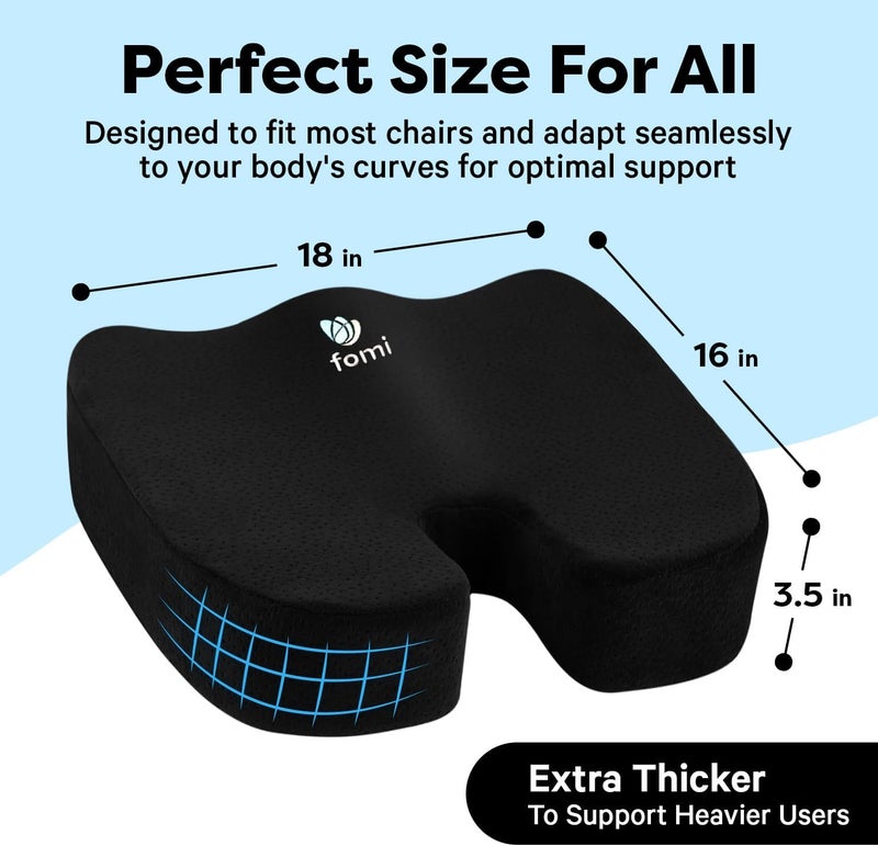 FOMI Extra Thick Firm Coccyx Orthopedic Memory Foam Seat Cushion | Black Large Cushion for Car or Truck Seat, Office Chair, Wheelchair | Back Pain Relief (Black) - Image 2