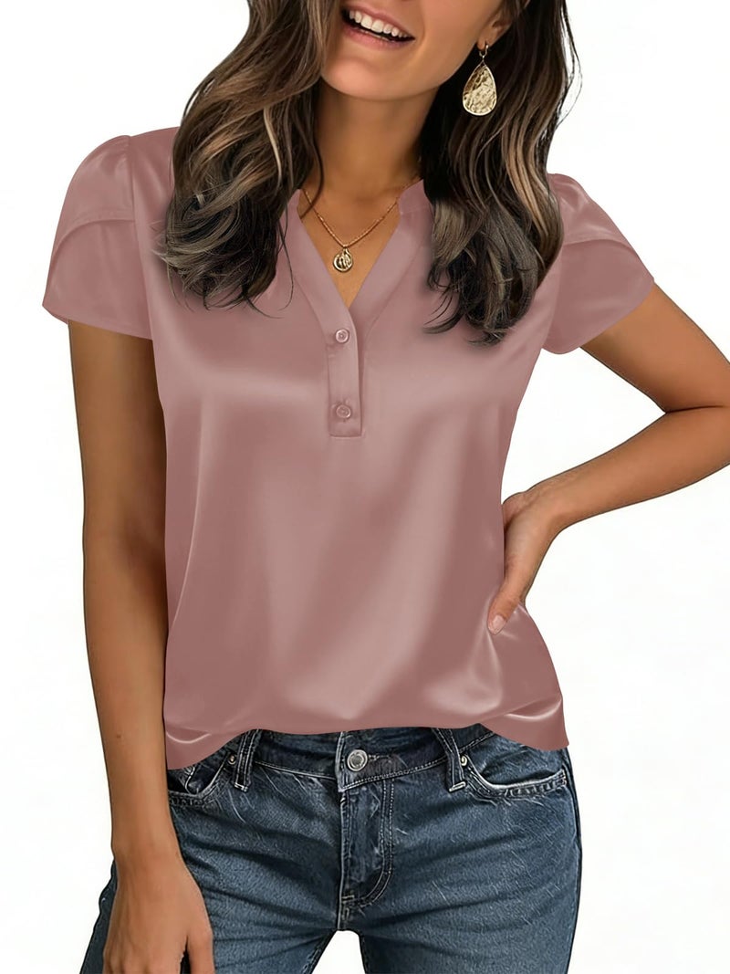 Yousify Women Satin Blouse for Women Business Work Tops Casual Cap Sleeve V Neck Button Down Shirts(Light Coffee,Medium) - Image 2