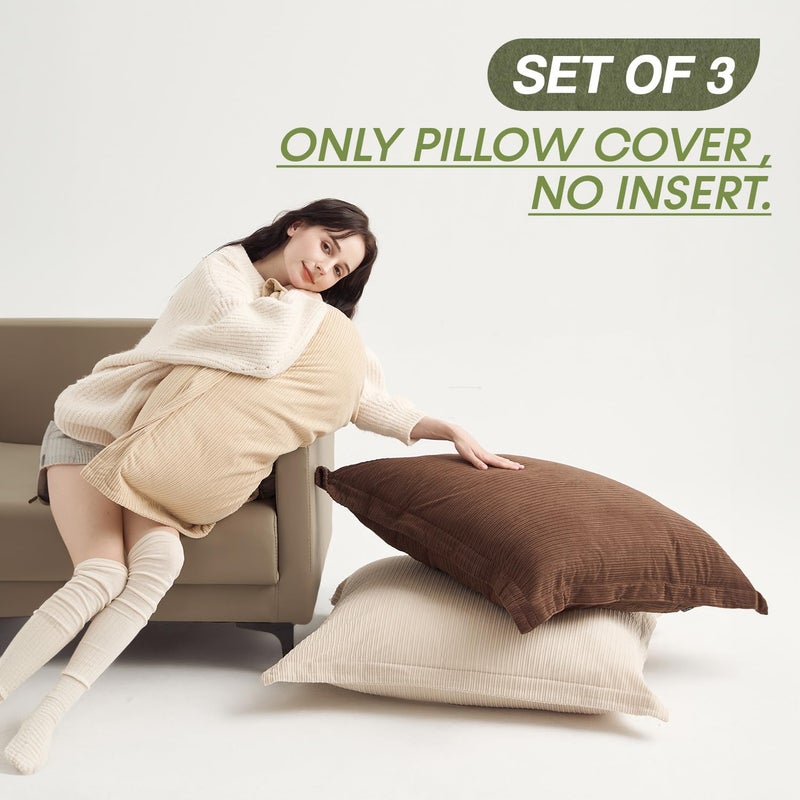 COCO TOP Set of 3 Corduroy Large Pillow Covers 26x26inch, Super Soft-Touch Boho Vintage Earth Tones Cushion Cases for Sofa, Living Room, Bedroom, Office,Game Homeï¼ˆDark Brown, Beige & Camelï¼‰ - Image 2