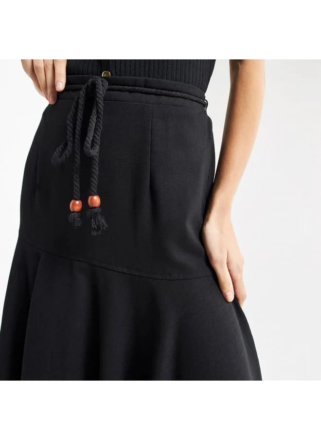 FAV Solid Midi Skirt with Asymmetrical Hem and Tie-Up Detail