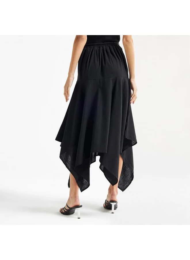 FAV Solid Midi Skirt with Asymmetrical Hem and Tie-Up Detail
