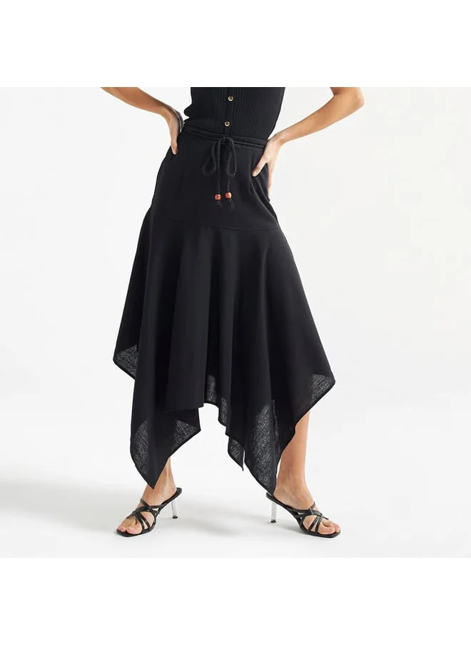 FAV Solid Midi Skirt with Asymmetrical Hem and Tie-Up Detail