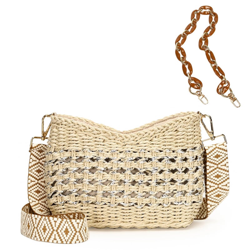 Herald Small Summer Crossbody Bags for Women, Beach Handmade Straw Woven Pocketbooks Handbag Shoulder Purse (Beige with Silvery Thread) - Image 1