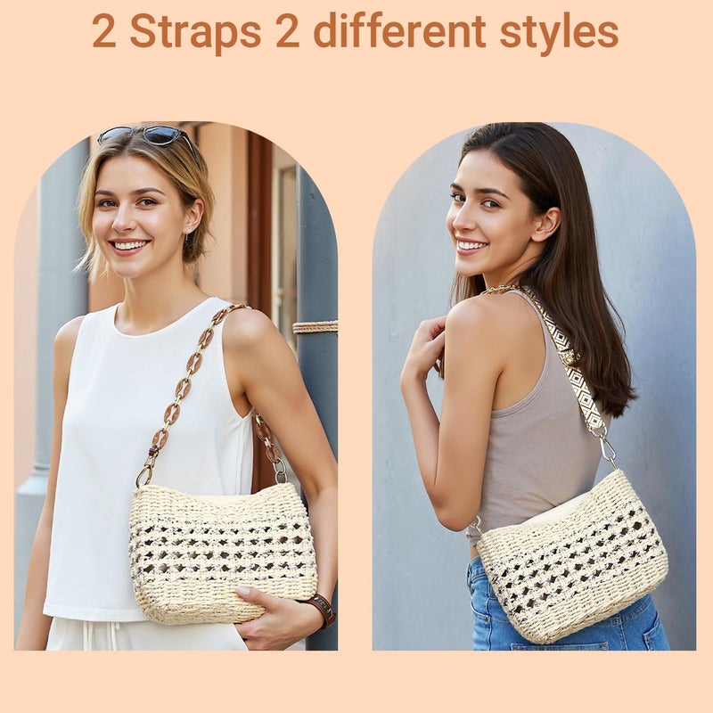 Herald Small Summer Crossbody Bags for Women, Beach Handmade Straw Woven Pocketbooks Handbag Shoulder Purse (Beige with Silvery Thread) - Image 4