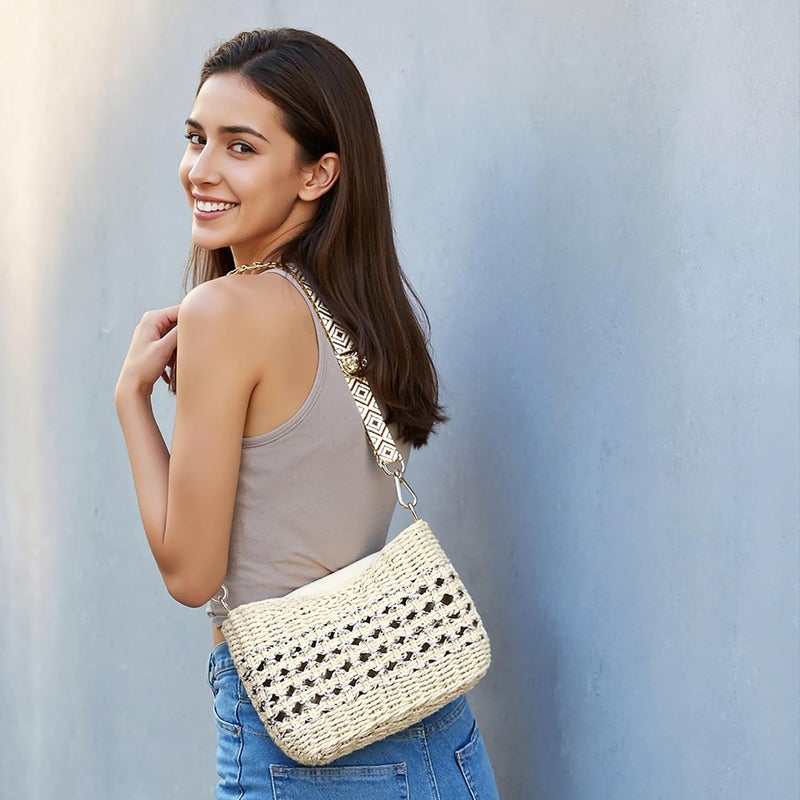Herald Small Summer Crossbody Bags for Women, Beach Handmade Straw Woven Pocketbooks Handbag Shoulder Purse (Beige with Silvery Thread) - Image 3