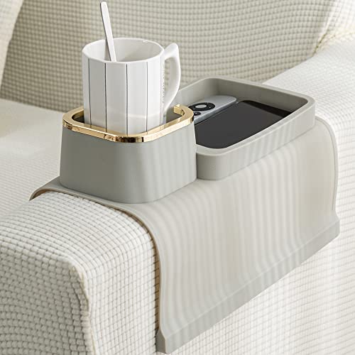 Elimiko Couch Cup Holder Tray, Elimiko Silicone Anti-Spill and Anti-Slip Couch Drink Holder, Strong and Weighted Phone/Remote/Snacks Sofa Cup Holder (Griege) - Image 1
