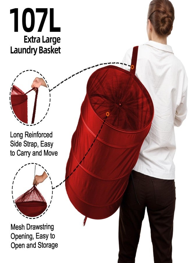 BATTOO Collapsible Laundry Baskets- Foldable Hamper for Laundry Extra Large Pop Up Laundry Hamper 107L with Long Straps Drawstring Clothes Hamper for Bathroom, Campout, Dorm or Travel Red - Image 3