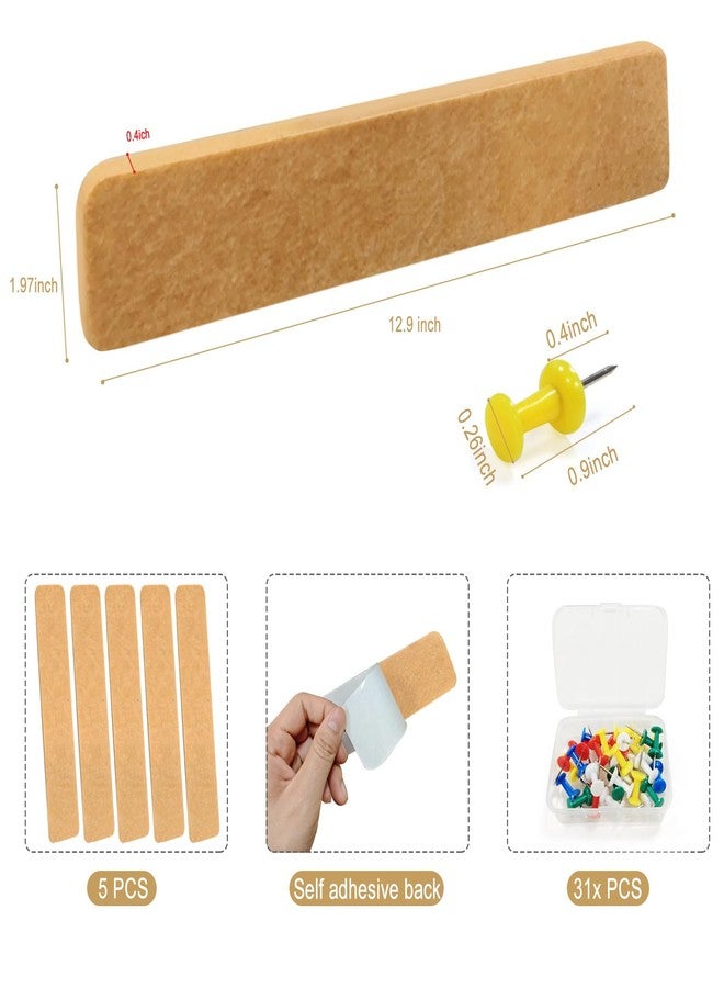 Avoirdus Felt Bulletin Board Strips 5-Pack, 13" x 2" Self Adhesive Pin Board with 35 Push Pins - Cork Board Alternative Notice Board for Office, Bedroom Door, Home Office Wall Decor (Brown) - Image 2