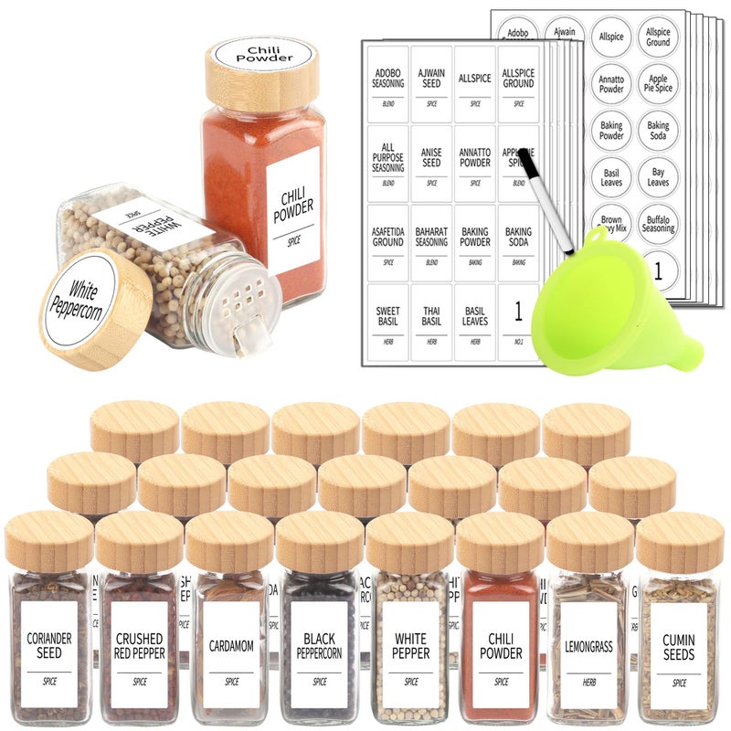 SWOMMOLY 24 Pcs Glass Spice Jars with Labels, Square Spice Jars with Bamboo Lids, 4 oz Empty Spice Bottles with Shaker Lids, Seasoning Spice Storage Containers Bottles - Image 1