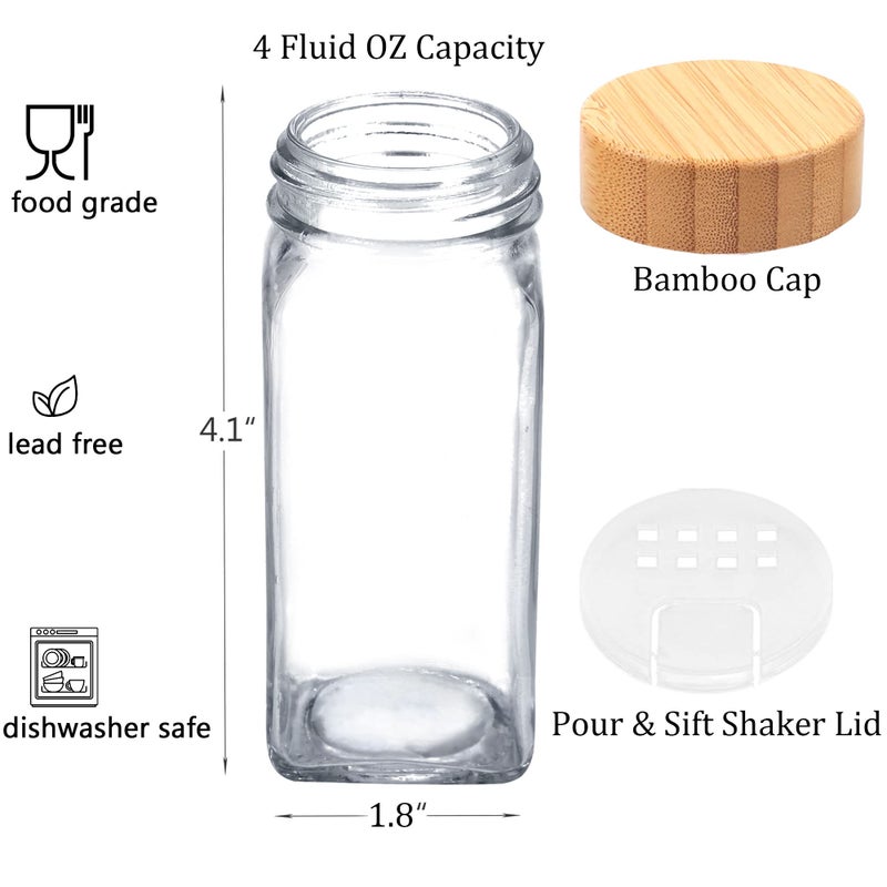 SWOMMOLY 24 Pcs Glass Spice Jars with Labels, Square Spice Jars with Bamboo Lids, 4 oz Empty Spice Bottles with Shaker Lids, Seasoning Spice Storage Containers Bottles - Image 2