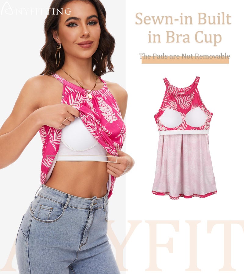 ANYFITTING Halter Tank Top with Built in Bra Cup for Women Padded Camisole Shirt Loose Fit Casual Flowy Sleevless Summer Top Pink Print S - Image 2