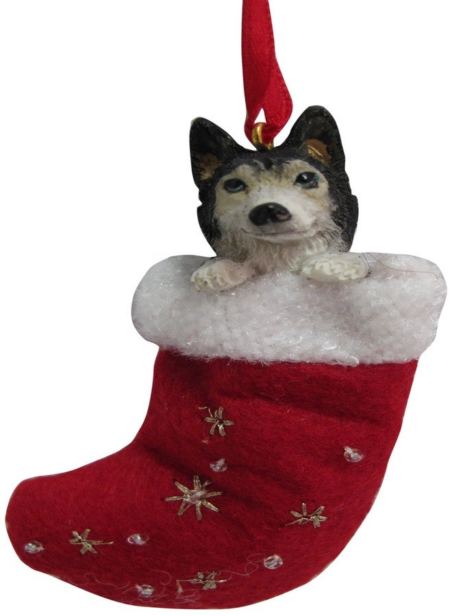 Siberian Husky Christmas Stocking Ornament with "Santa's Little Pals" Hand Painted and Stitched Detail