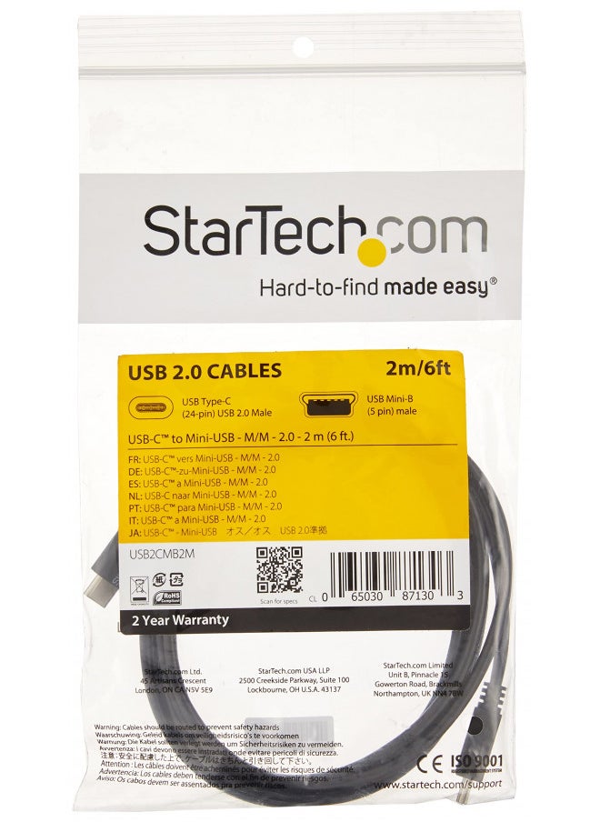 Startech.com - StarTech.com USB C to Mini USB Cable - 6 ft / 2m - M/M - USB 2.0 - Mini USB Cord - USB C to Mini B Cable - USB Type C to Mini USB (USB2CMB2M) - Image 1