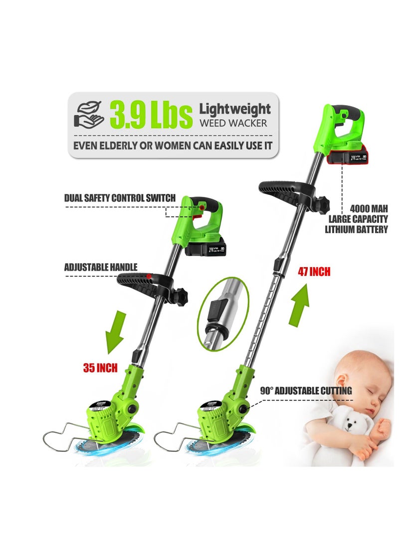 ZLH HITY Electric Weed Wacker Cordless, 21V Weed Cordless Eater, 4 in 1 Lightweight Stringless Brush Cutter, with 2 Pcs 4.0 Ah Battery Grass Trimmer, 3 Types Blades for Yard Clearing (Green) - Image 5