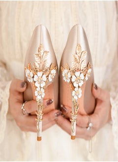 Eloshman Fashionable Floral Slim Heeled Pointed High Heeled Single Shoes Gold  - Image 2