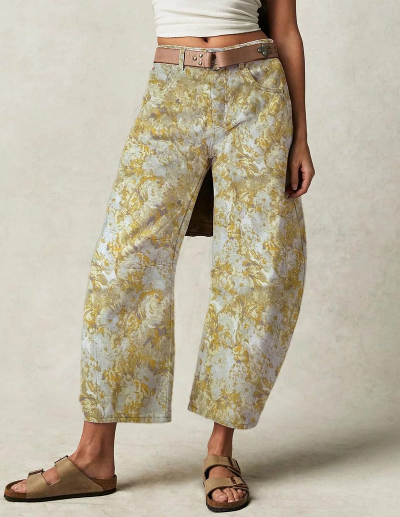 loveimgs Women Baggy Barrel Jeans Mid Rise Printed Denim Pants Wide Leg Jeans Boyfriend Y2k Patchwork Yellow 2025 Hippie (X-Large,Yellow) - Image 5