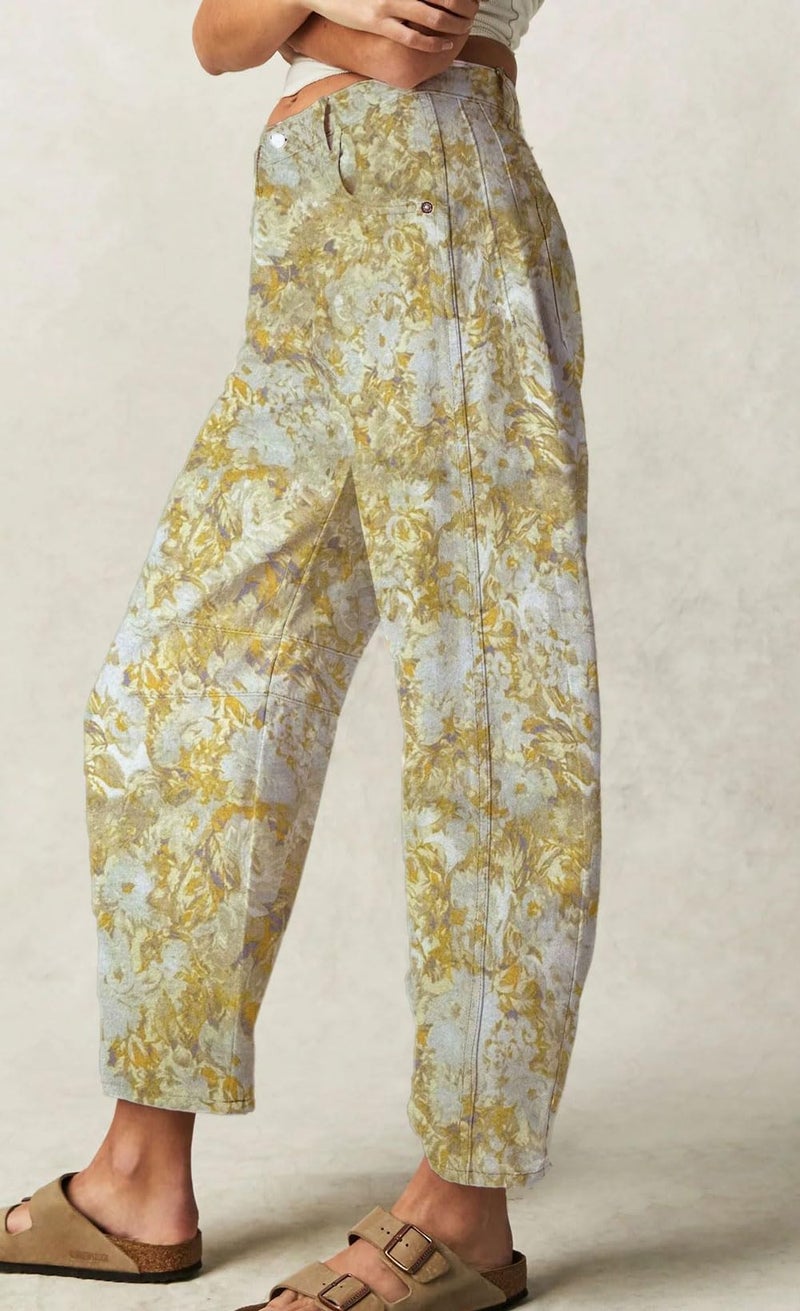 loveimgs Women Baggy Barrel Jeans Mid Rise Printed Denim Pants Wide Leg Jeans Boyfriend Y2k Patchwork Yellow 2025 Hippie (X-Large,Yellow) - Image 4