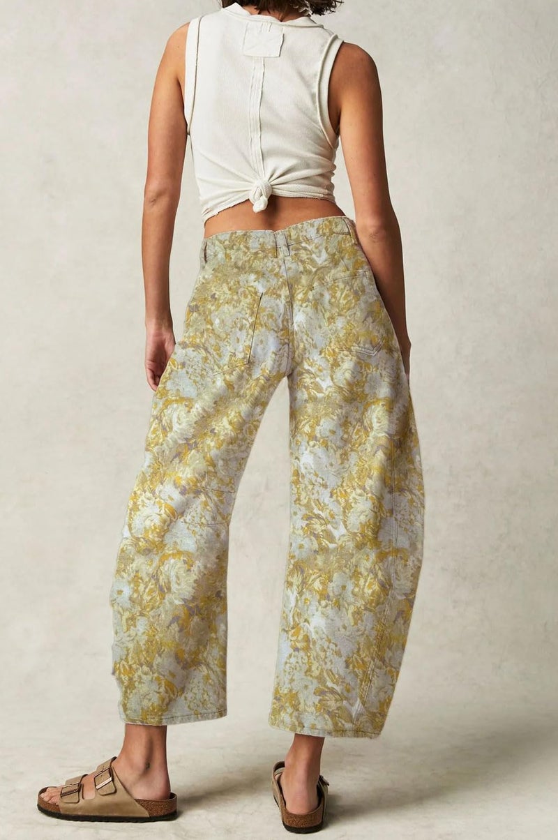 loveimgs Women Baggy Barrel Jeans Mid Rise Printed Denim Pants Wide Leg Jeans Boyfriend Y2k Patchwork Yellow 2025 Hippie (X-Large,Yellow) - Image 3