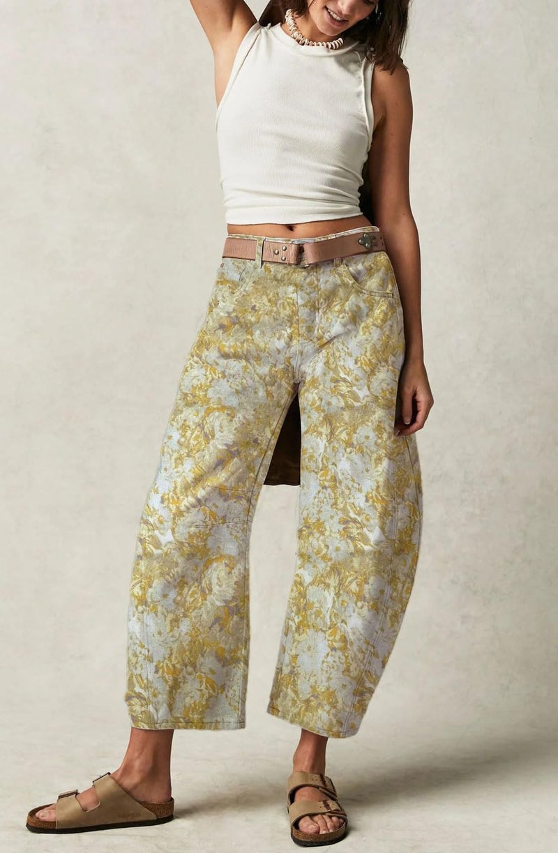 loveimgs Women Baggy Barrel Jeans Mid Rise Printed Denim Pants Wide Leg Jeans Boyfriend Y2k Patchwork Yellow 2025 Hippie (X-Large,Yellow) - Image 2