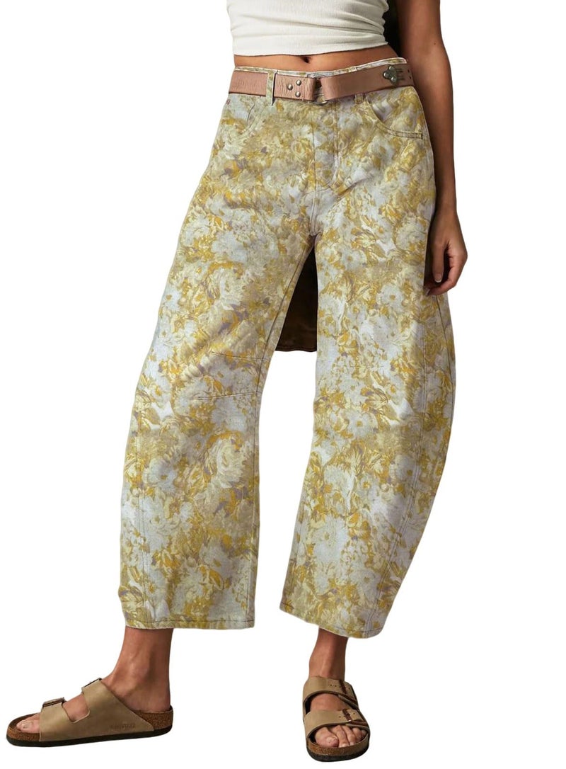 loveimgs Women Baggy Barrel Jeans Mid Rise Printed Denim Pants Wide Leg Jeans Boyfriend Y2k Patchwork Yellow 2025 Hippie (X-Large,Yellow) - Image 1