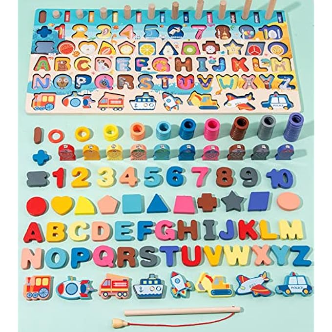 WOODEN NUMBER PUZZLES MONTESSORI TOYS FOR TODDLERS, 7-IN-1 COLOR ALPHABET SHAPE NUMBER SORTING FISHING GAME TOYS, WOODEN PUZZLES FOR FISHING, COUNTING, SORTING, BEST GIFT - Image 3