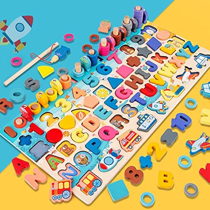 WOODEN NUMBER PUZZLES MONTESSORI TOYS FOR TODDLERS, 7-IN-1 COLOR ALPHABET SHAPE NUMBER SORTING FISHING GAME TOYS, WOODEN PUZZLES FOR FISHING, COUNTING, SORTING, BEST GIFT - Image 1