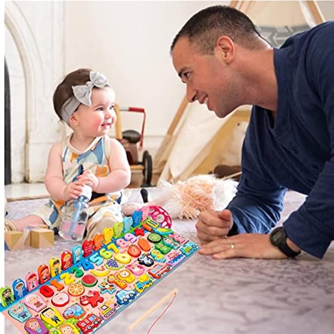 WOODEN NUMBER PUZZLES MONTESSORI TOYS FOR TODDLERS, 7-IN-1 COLOR ALPHABET SHAPE NUMBER SORTING FISHING GAME TOYS, WOODEN PUZZLES FOR FISHING, COUNTING, SORTING, BEST GIFT - Image 5