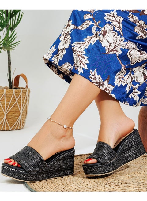 Slipper Wedge Burlap Basic S-21 - Black