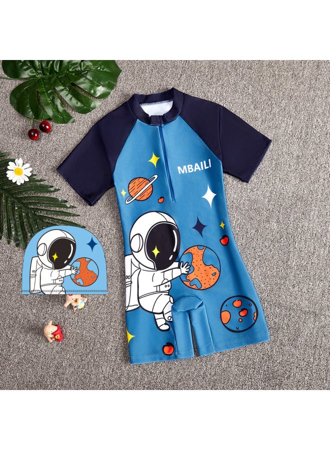 Generic Summer Children's Swimwear Girls' Small And Medium-sized Children's Swimwear Swimwear Cartoon Boys' Short-sleeved Suit-Color:184+ Hat-Size:M 90-100CM  - Image 1