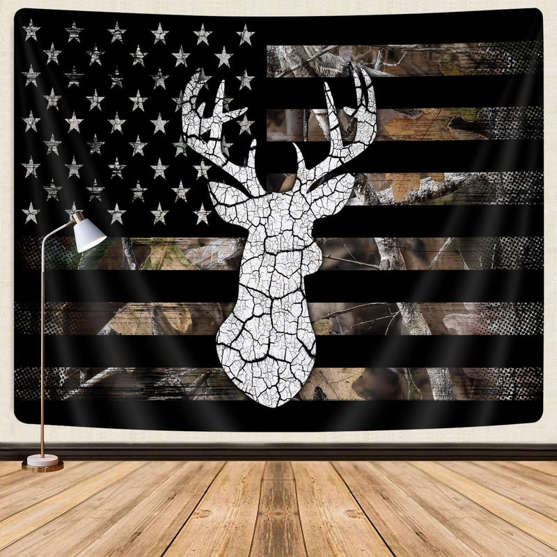 GOAOK Western Tapestry Black White American Flag, Country Deer Hunting Camo Tapestries for Men Guys Room Decor, Tapestry Wall Hanging Poster Blanket College Dorm Cool Indie Room 60"X40" - Image 1
