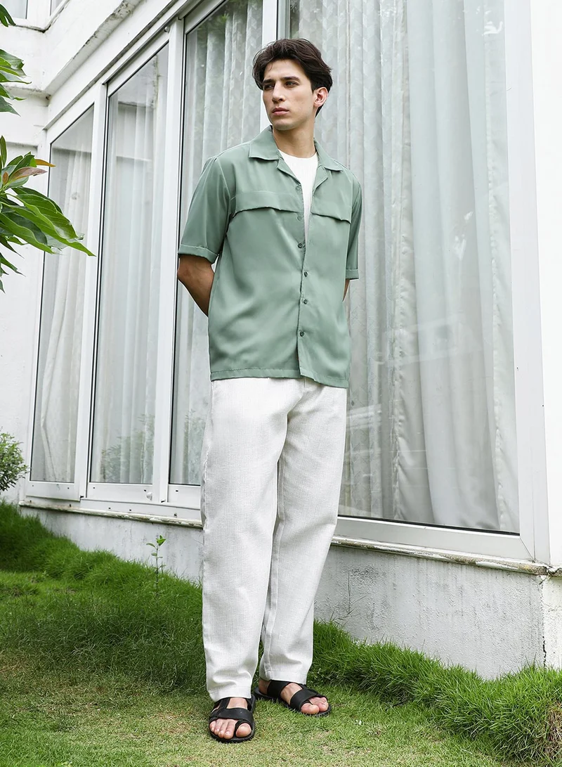 Campus Sutra Sage Green Cuban Collar Relaxed Fit Shirt For Men