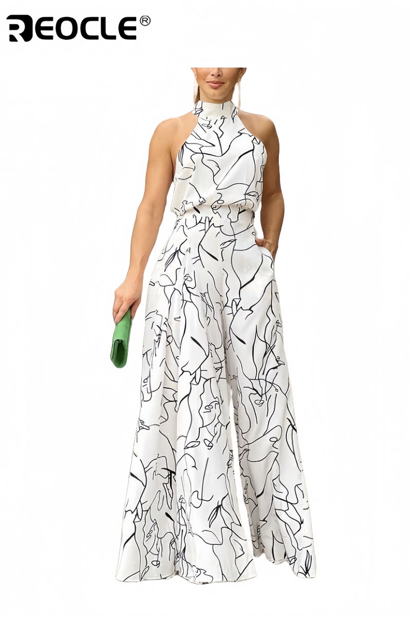 REOCLE Elegant Jumpsuit Waist-cinching Lace-up Long-sleeved Trousers Printed Jumpsuit Fashionable Printed Design Stand-up Collar Design Waist-cinching Design - Image 1