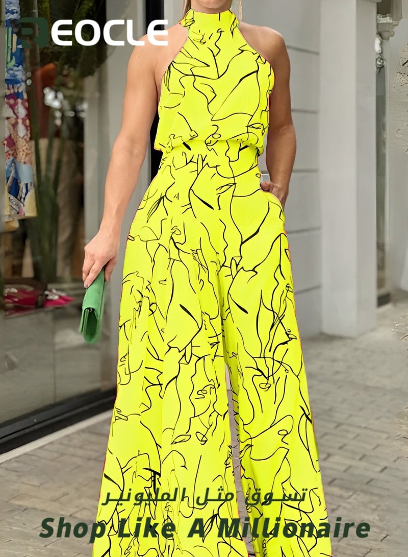 REOCLE Elegant Jumpsuit Waist-cinching Lace-up Long-sleeved Trousers Printed Jumpsuit Fashionable Printed Design Stand-up Collar Design Waist-cinching Design  - Image 3