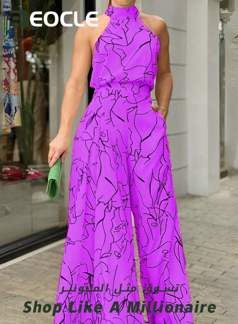 REOCLE Elegant Jumpsuit Waist-cinching Lace-up Long-sleeved Trousers Printed Jumpsuit Fashionable Printed Design Stand-up Collar Design Waist-cinching Design  - Image 4