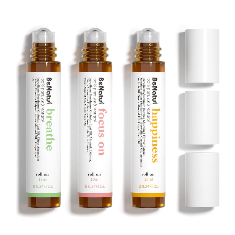 Benatu Essential Oil Blends Set (Breathe, Focus on, Happiness), Natural Aromatherapy Roll On for Massage, Body Skin Care, Home - Revive Fragrance Gift Roller for Women and Men - Image 1