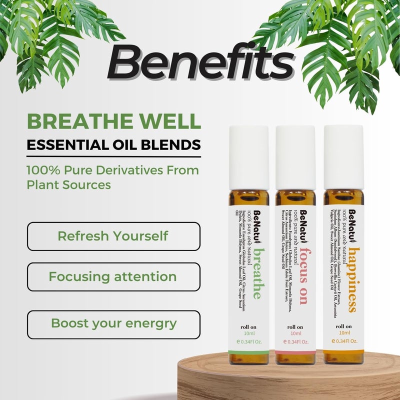 Benatu Essential Oil Blends Set (Breathe, Focus on, Happiness), Natural Aromatherapy Roll On for Massage, Body Skin Care, Home - Revive Fragrance Gift Roller for Women and Men - Image 3