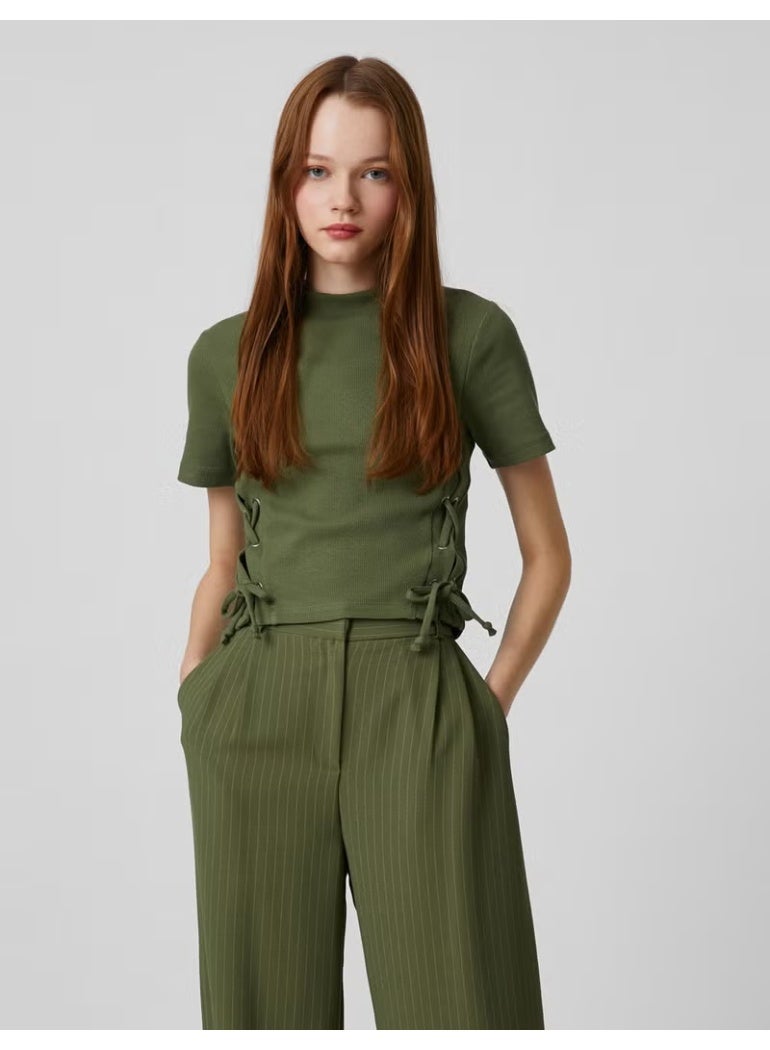KOTON Short Sleeve T-Shirt High Collar Side Tie Detail - Image 2