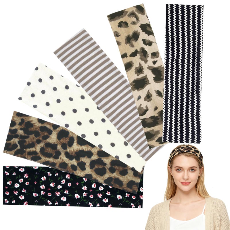 LAPOHI 6 Pcs Anti-Slip Elastic Headbands for Women, Soft Breathable Fabric Yoga Sweatbands, Leopard, Floral & Line Print for Fitness, Running & Daily Wear - Image 1