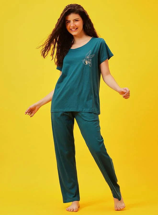 كلوفيا طقم بيجاما من بنطال قطن 100% مع تيشيرت سادة