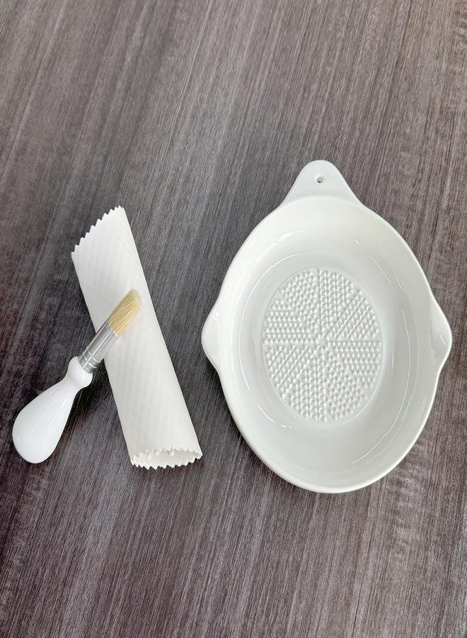 LILITURF Ceramic Grater Plate for Ginger, Garlic, Onion, Cheese, Lemon, Chocolate, Vegetables and Fruits in Kitchen, White Garlic Grater with Peeler and Brush, Large - Image 2