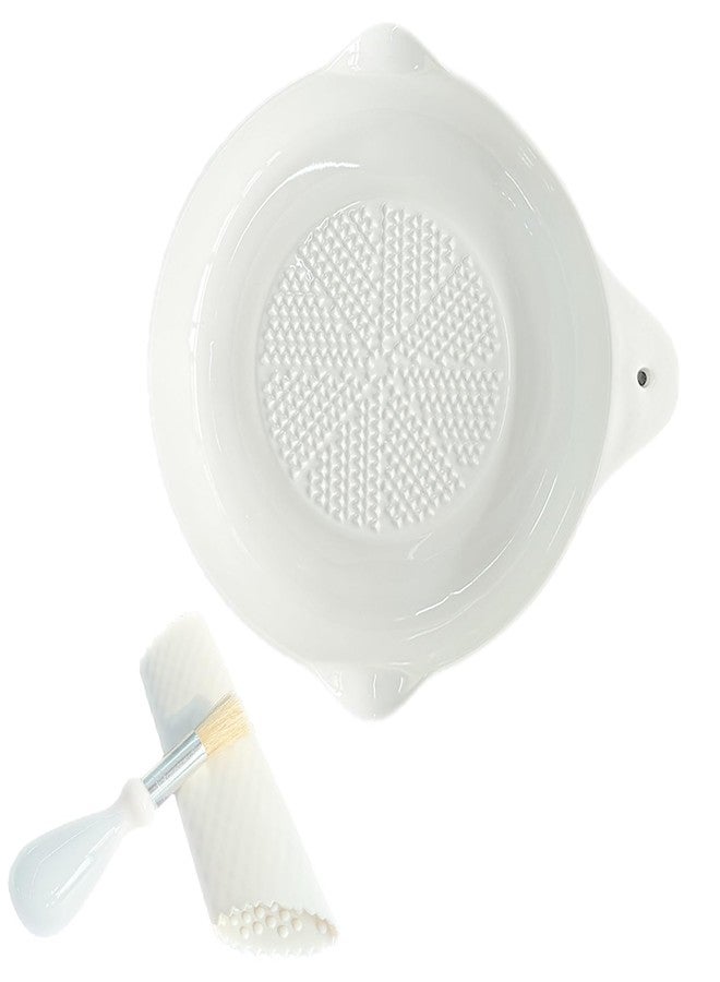 LILITURF Ceramic Grater Plate for Ginger, Garlic, Onion, Cheese, Lemon, Chocolate, Vegetables and Fruits in Kitchen, White Garlic Grater with Peeler and Brush, Large - Image 1