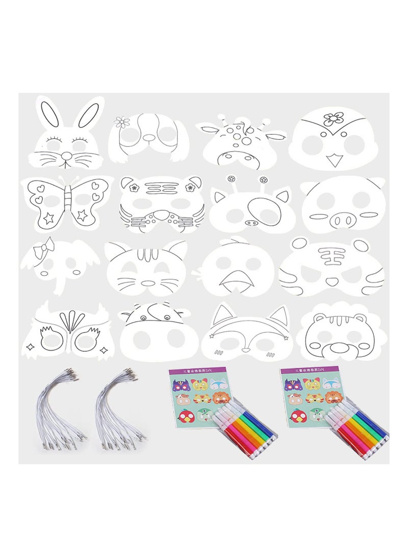 44 PCS DIY Animal Masks Set for Kids - Includes 16 Color-in White Masks, 16 Cords, and 12 Colorful Pens - Perfect for  and Birthday Party Favors. - Image 1